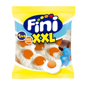 Bolsa de 1 kilo de Huevos Fritos Gigantes XXL Fini, golosinas súper grandes con la clásica forma de huevo frito y el sabor de siempre. Su formato XXL los hace perfectos para sorprender y dar un toque divertido y diferente a cualquier mesa de chuches. Ideal para mesas dulces llamativas, cumpleaños, comuniones o para quienes buscan una chuche original. ¡Un clásico de siempre… pero a lo grande!