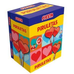 Piruletas Fiesta sabor Cereza estuche 80 unidades. Peso de 13g. cada piruleta. No contiene gluten. Es un caramelo con palo en forma de corazón. Es la auténtica piruleta que todos hemos disfrutado de niños.