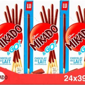 Mikado & Go! Palitos Galleta Cubiertos con Chocolate Leche, Pack 24 x 39g Palitos de galleta cubiertos con chocolate negro con los que podrás disfrutar donde quieras y cuando quieras