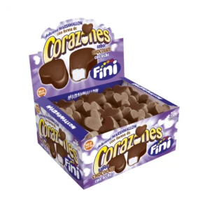 Estuche de 75 unidades Corazones Chocolate Fini, nubes con forma de corazón, cubiertas de choco. Perfectas para decorar mesas dulces o sorprender en cumpleaños y celebraciones especiales. ¡Tan bonitos como deliciosos!