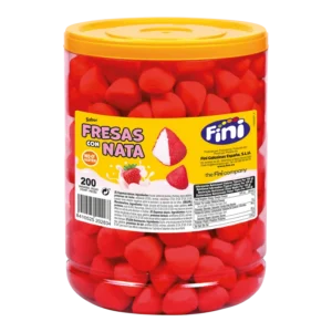 Tarro con 200 unidades de nubes Fresas con Nata Fini con sabor a fresa y relleno cremoso de nata. Perfectas para cumpleaños, baby shower y decoración en candy bar. ¡Una nube suave y bonita para cualquier evento!