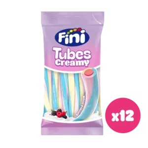 Caja de 12 bolsitas de 80 gramos de regalices Tubes Creamy Berries Fini con exterior multicolor y relleno cremoso de yogur y frutos rojos. Perfectos para fiestas, mesas dulces atrevidas o para probar con tus amigos. ¡Una experiencia de sabor que va de fuera hacia dentro!