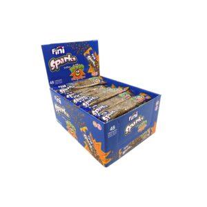Delicioso y divertido caramelo con efecto efervescente. Son una pequeñas pepitas ácidas con chasquidos. Ahora con sabor FINIBOOOM de cola ácida. Presentado en una caja expositora con 48 bolsitas con 16 gramos de Sparks cada una. Cómodas para empaquetar en tus bolsas de chuches. Es un producto SIN GLUTEN.
